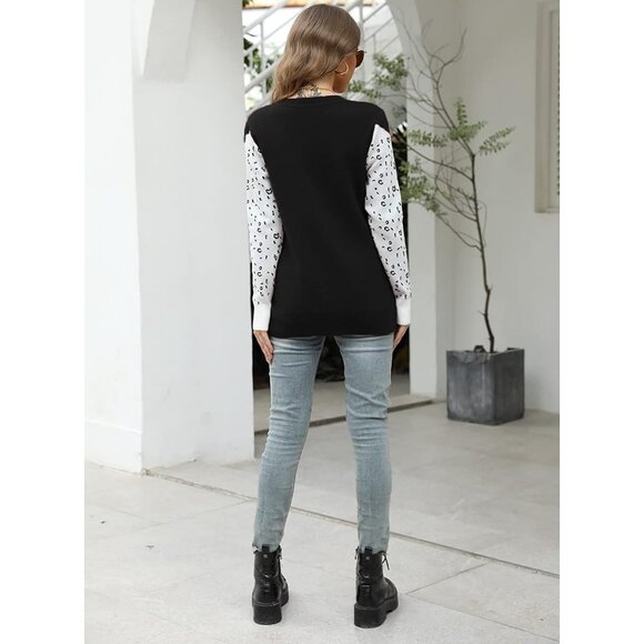 Women's Leopard Print Knitted Pullover Crew Neck Long Sleeve Sweater - Picture 5 of 6